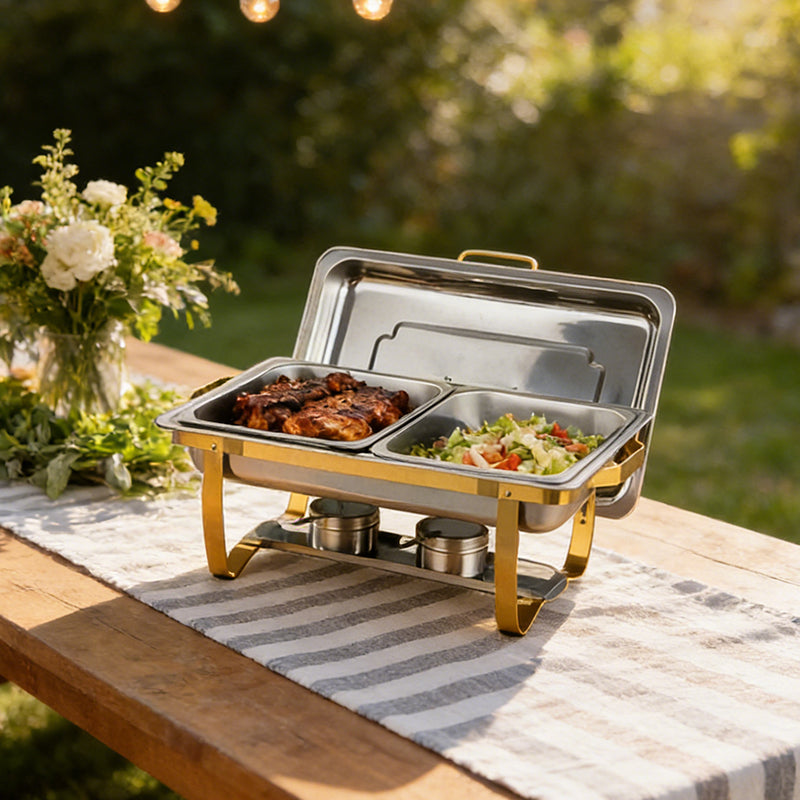 Lavish Kitchen Isle stainless steel buffet food warmer with two pans, 9.5L capacity, ideal for weddings and catering events