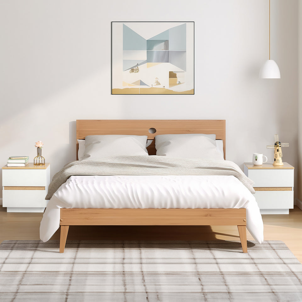 Modern 2 Drawer Bedside Table – White and Oak Effect Minimalist Design