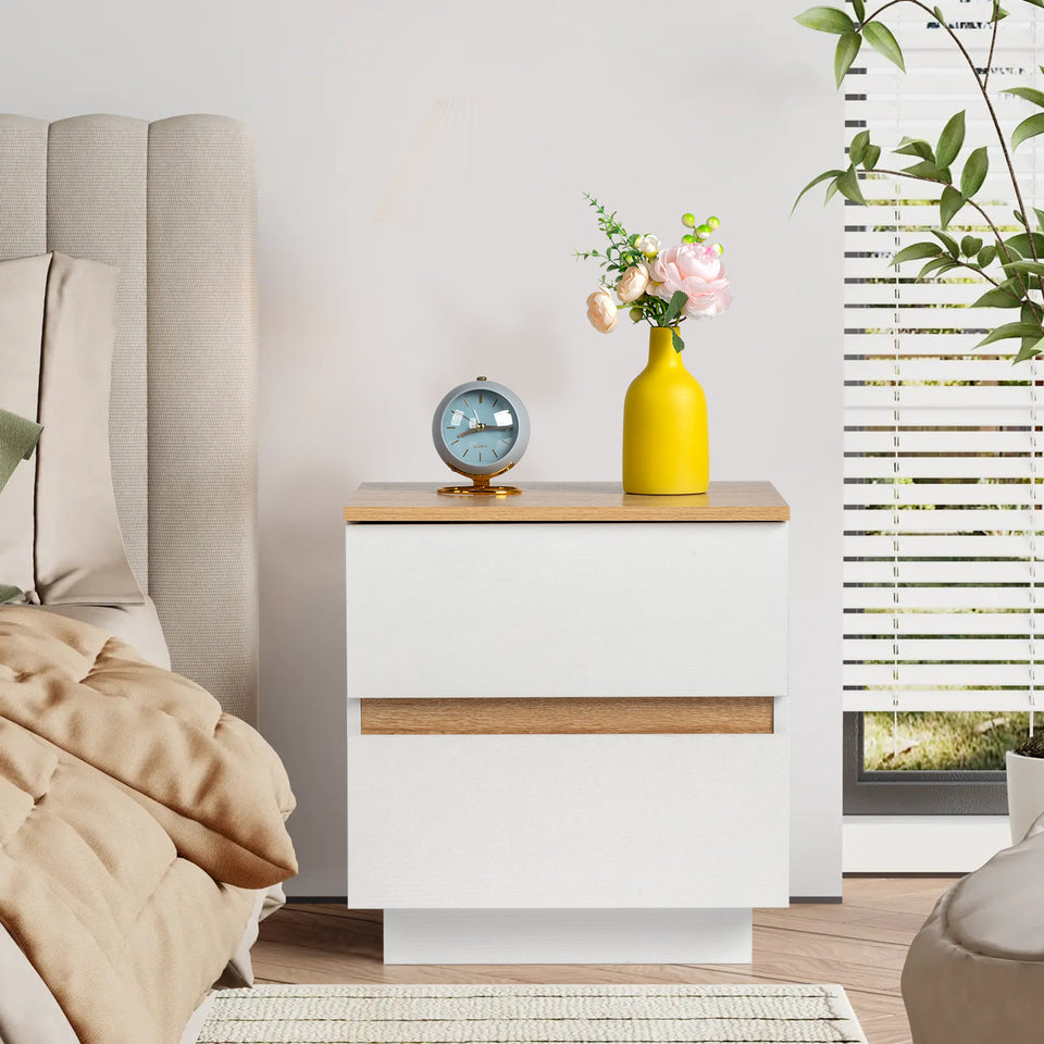Modern 2 Drawer Bedside Table – White and Oak Effect Minimalist Design