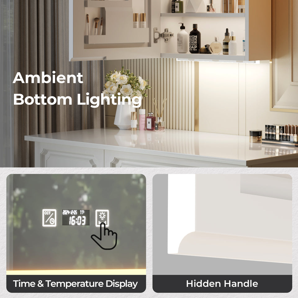Modern LED Mirror Bathroom Cabinet with Shelves, USB Ports, and Time Display