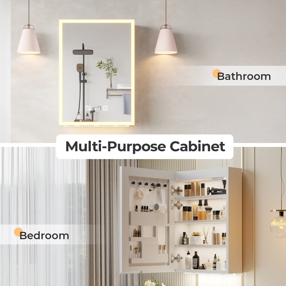 Modern LED Mirror Bathroom Cabinet with Shelves, USB Ports, and Time Display