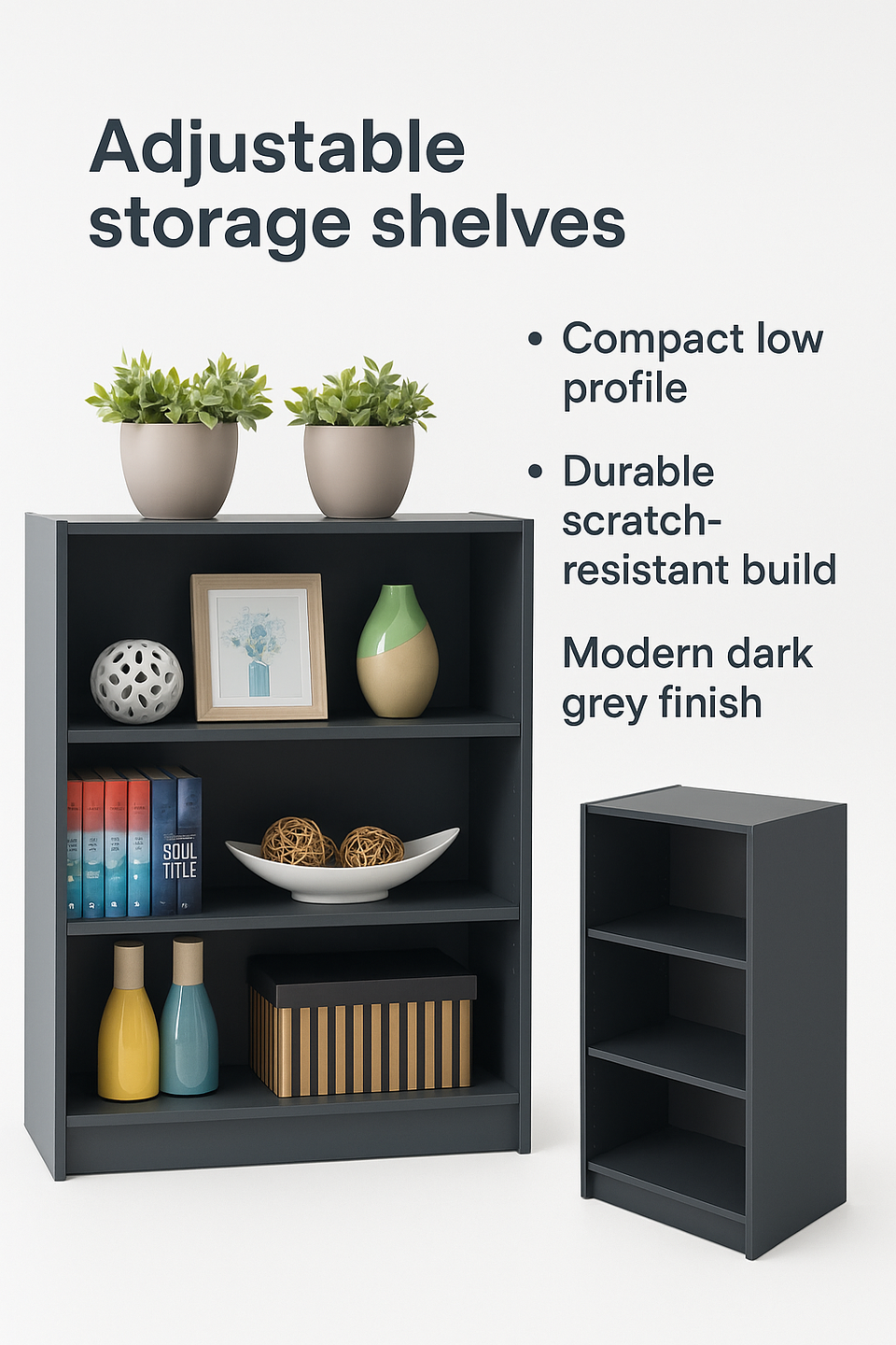 Grey low wide bookcase with three adjustable shelves, modern design, ideal for storage in home or office spaces.