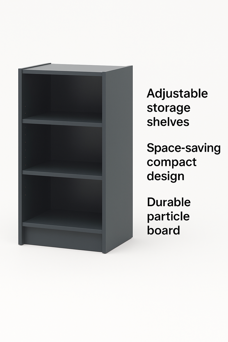 Small Dark Grey Bookcase – 3 Adjustable Shelves for Storage