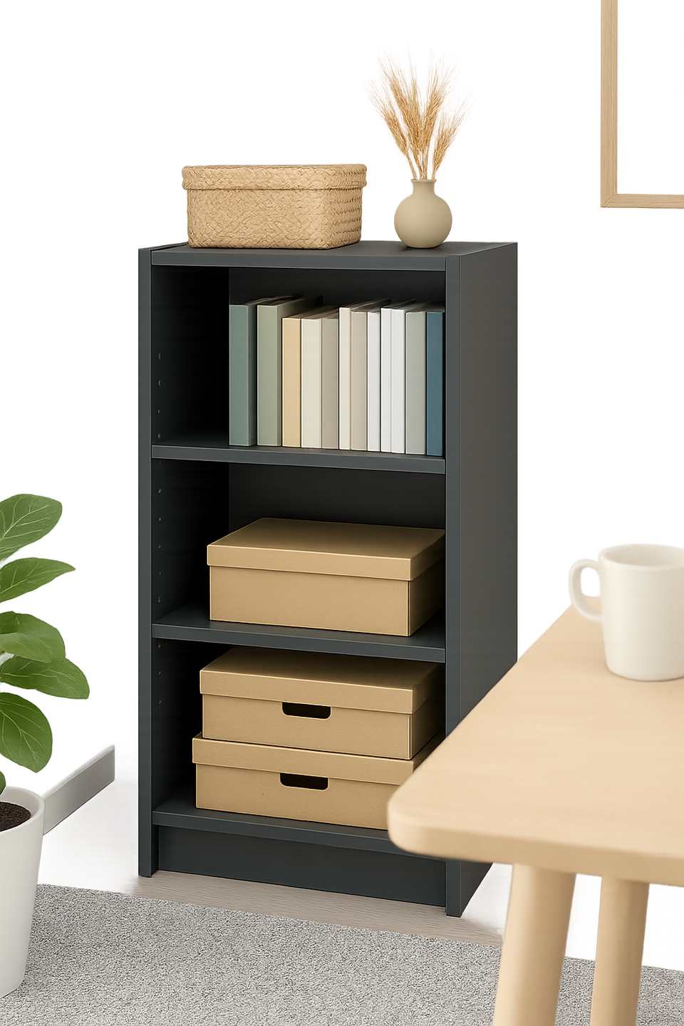 Small Dark Grey Bookcase – 3 Adjustable Shelves for Storage