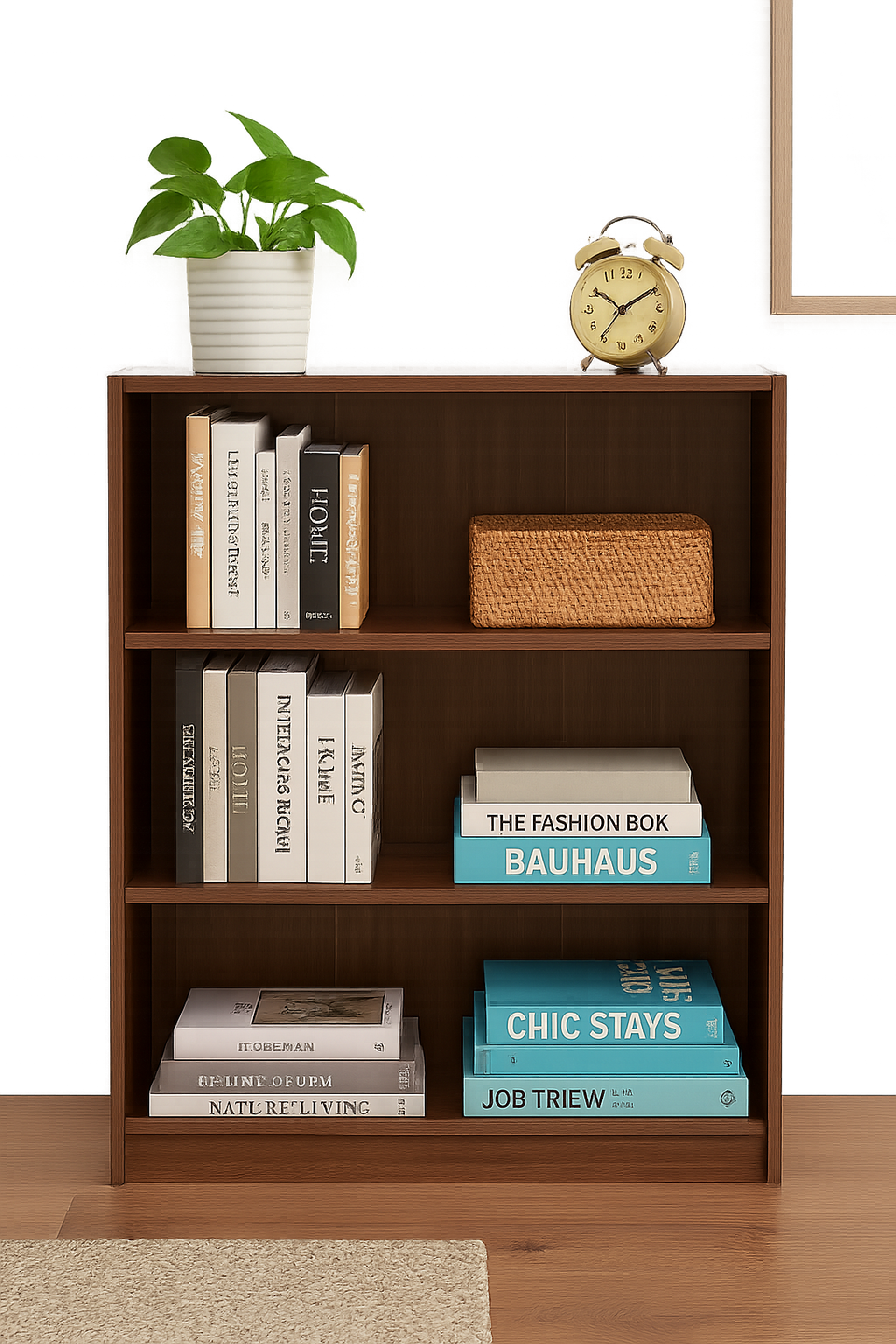 Modern Lavish Kitchen Isle low wide bookcase with three adjustable shelves in a living room setting.