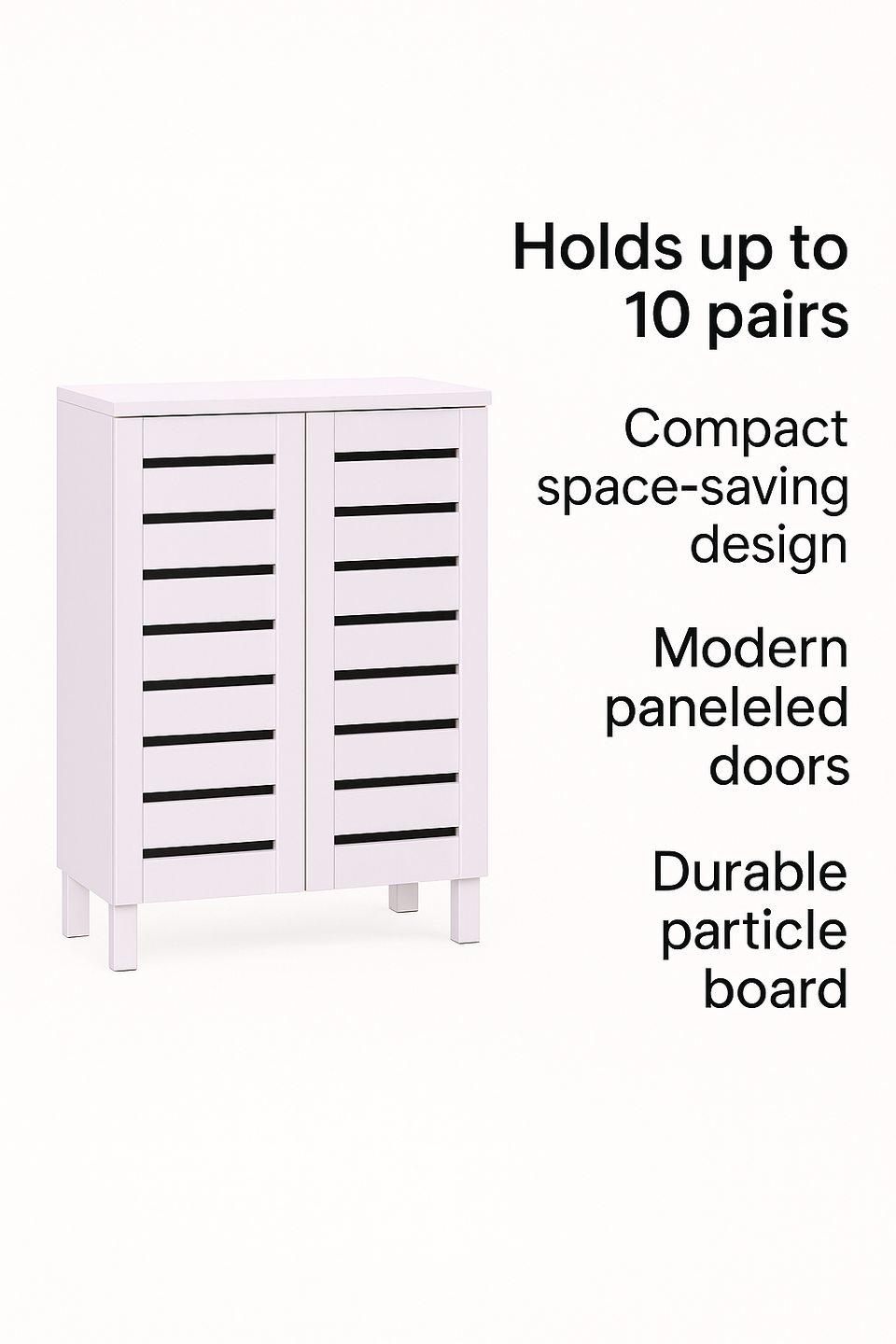 White 2-Door Shoe Cabinet with 3 Fixed Shelves – Stores up to 10 Pairs