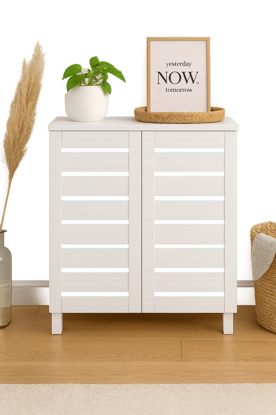 White 2-Door Shoe Cabinet with 3 Fixed Shelves – Stores up to 10 Pairs