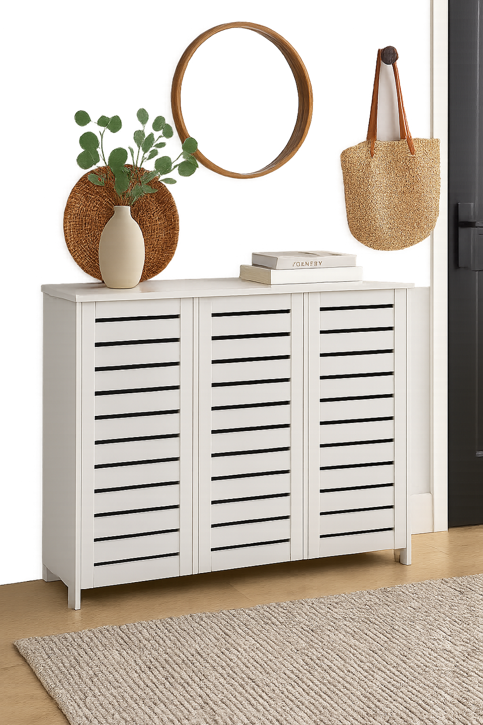 White 3-Door Shoe Cabinet – Stores Up to 20 Pairs with Fixed Shelves