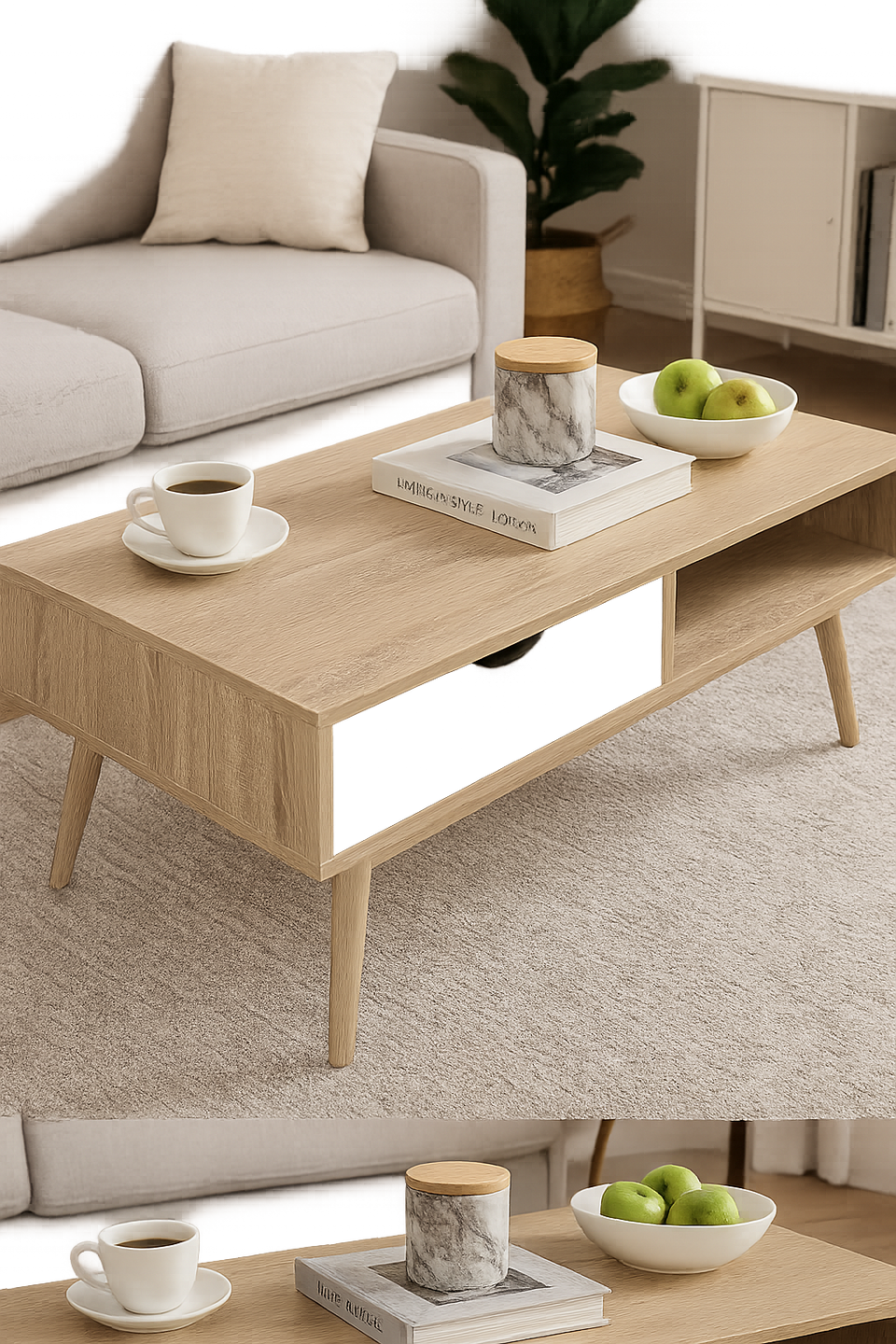 Sonoma Oak Coffee Table with 1 Drawer & 1 Shelf – Wide Tabletop Storage