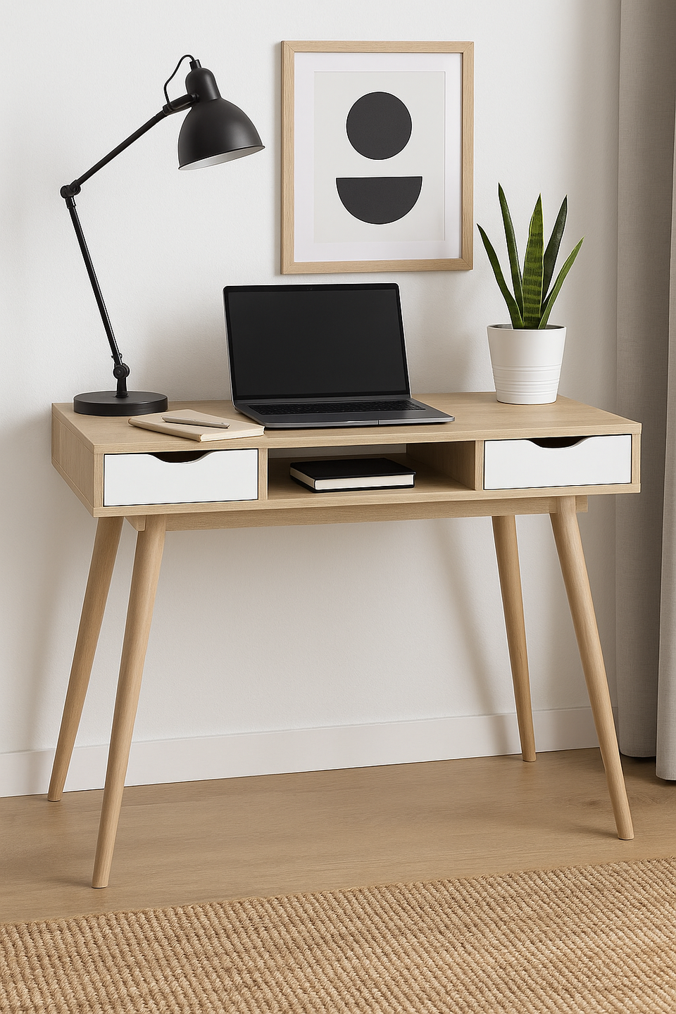 Sonoma Oak Home Office Desk with 2 Drawers – Scandinavian Style