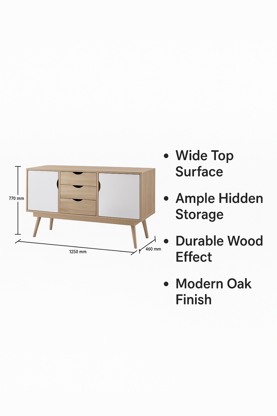 Sonoma Oak Sideboard Cabinet – 2 Doors & 3 Drawers, Scandinavian Style