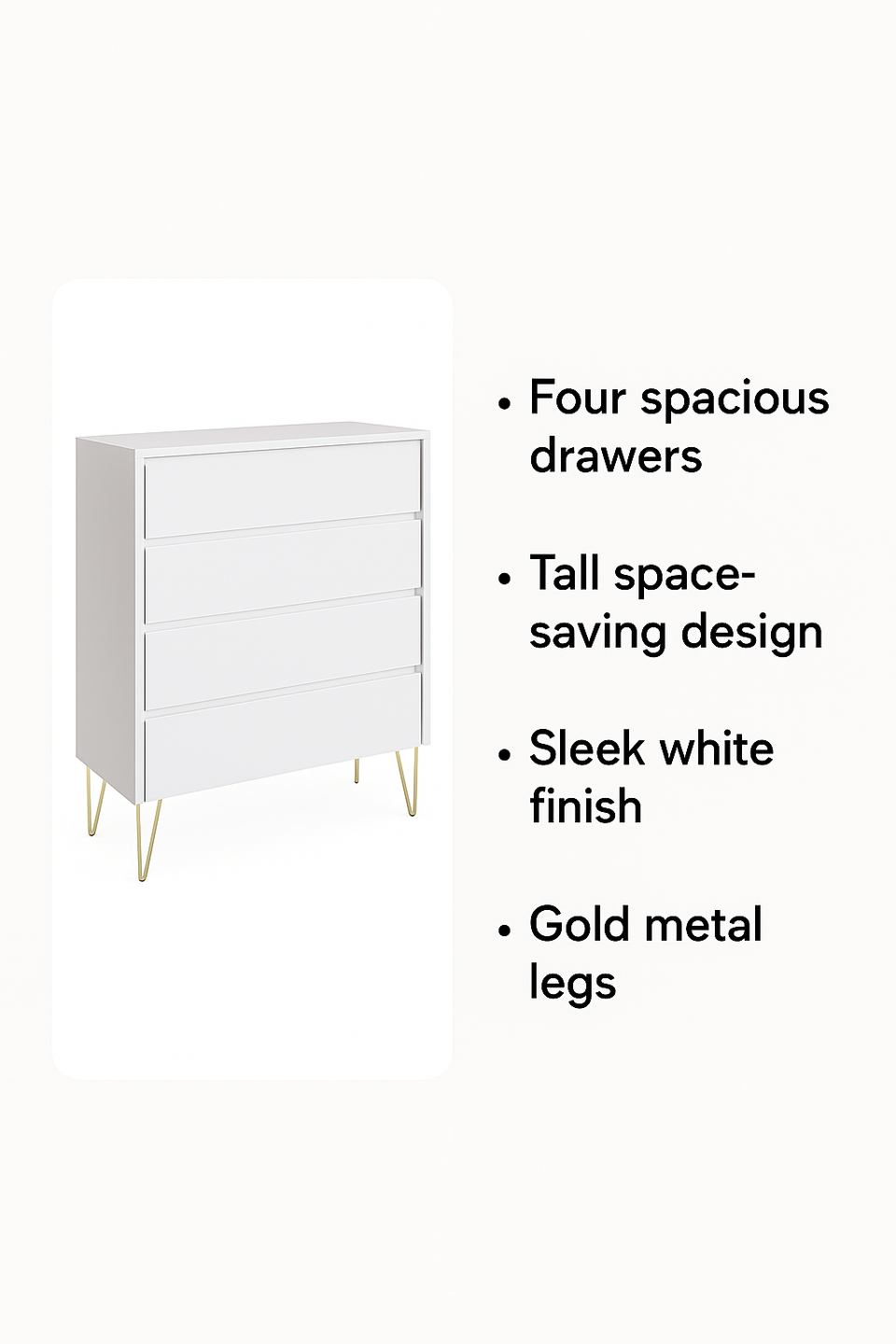 Fifomi 4 Drawer Chest – Modern White Chest of Drawers with Gold Legs Bedroom Storage Solution