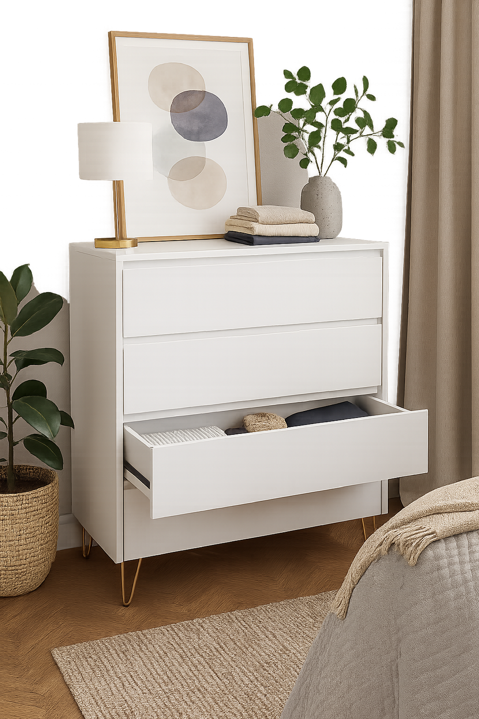Fifomi 4 Drawer Chest – Modern White Chest of Drawers with Gold Legs Bedroom Storage Solution