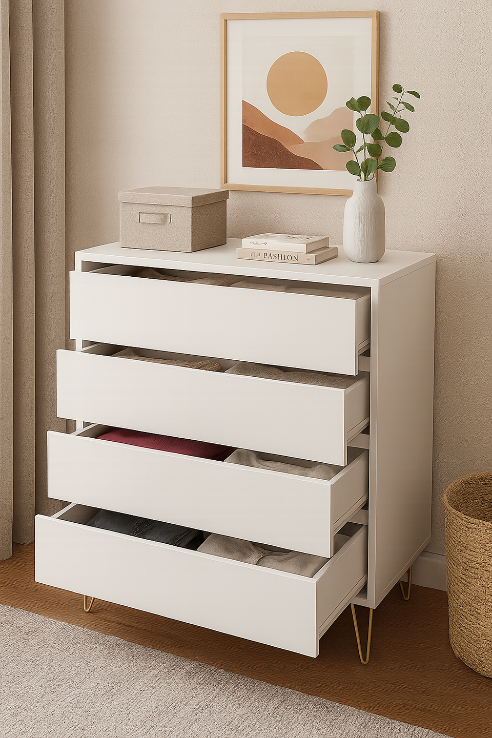 Fifomi 4 Drawer Chest – Modern White Chest of Drawers with Gold Legs Bedroom Storage Solution