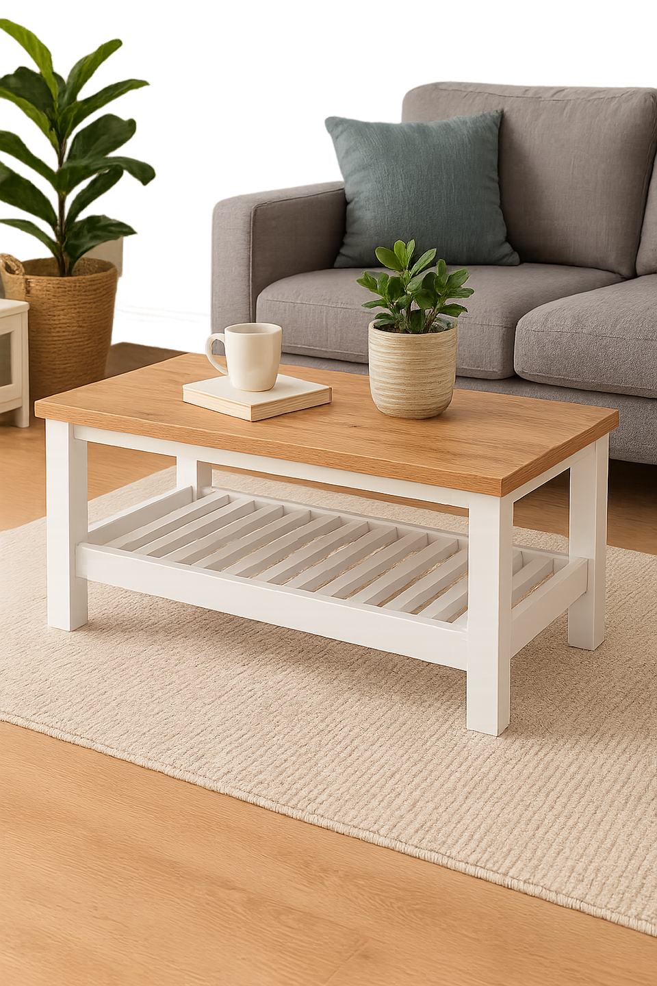 Agonmi Rectangular Coffee Table with Storage Shelf White Living Room Furniture