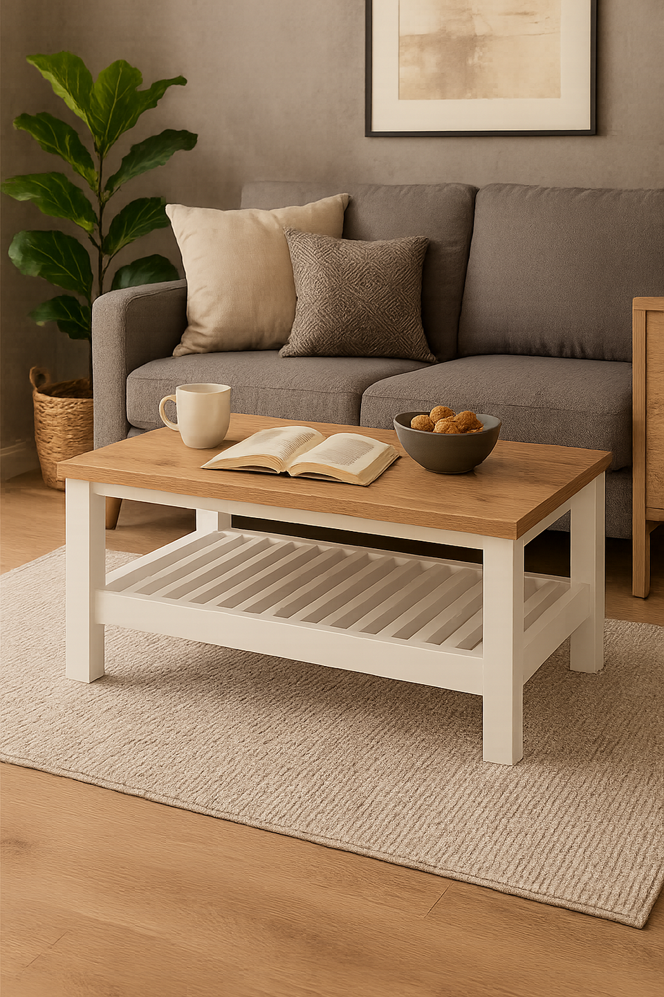 Agonmi Rectangular Coffee Table with Storage Shelf White Living Room Furniture