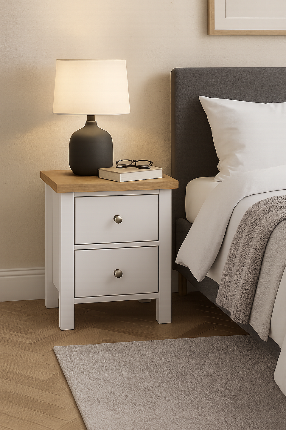 White Nightstand with 2 Drawers - Modern Bedside Table for Lamps, Shelf Storage, Bedroom Furniture
