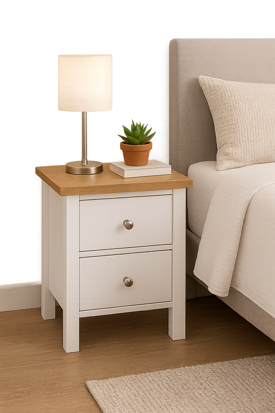 White Nightstand with 2 Drawers - Modern Bedside Table for Lamps, Shelf Storage, Bedroom Furniture