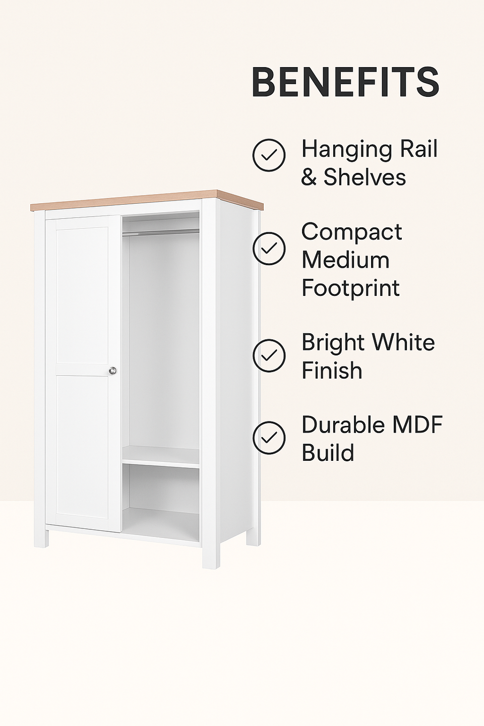 Agonmi 2 Door Wardrobe Storage with Hanging Rail and Shelving in White