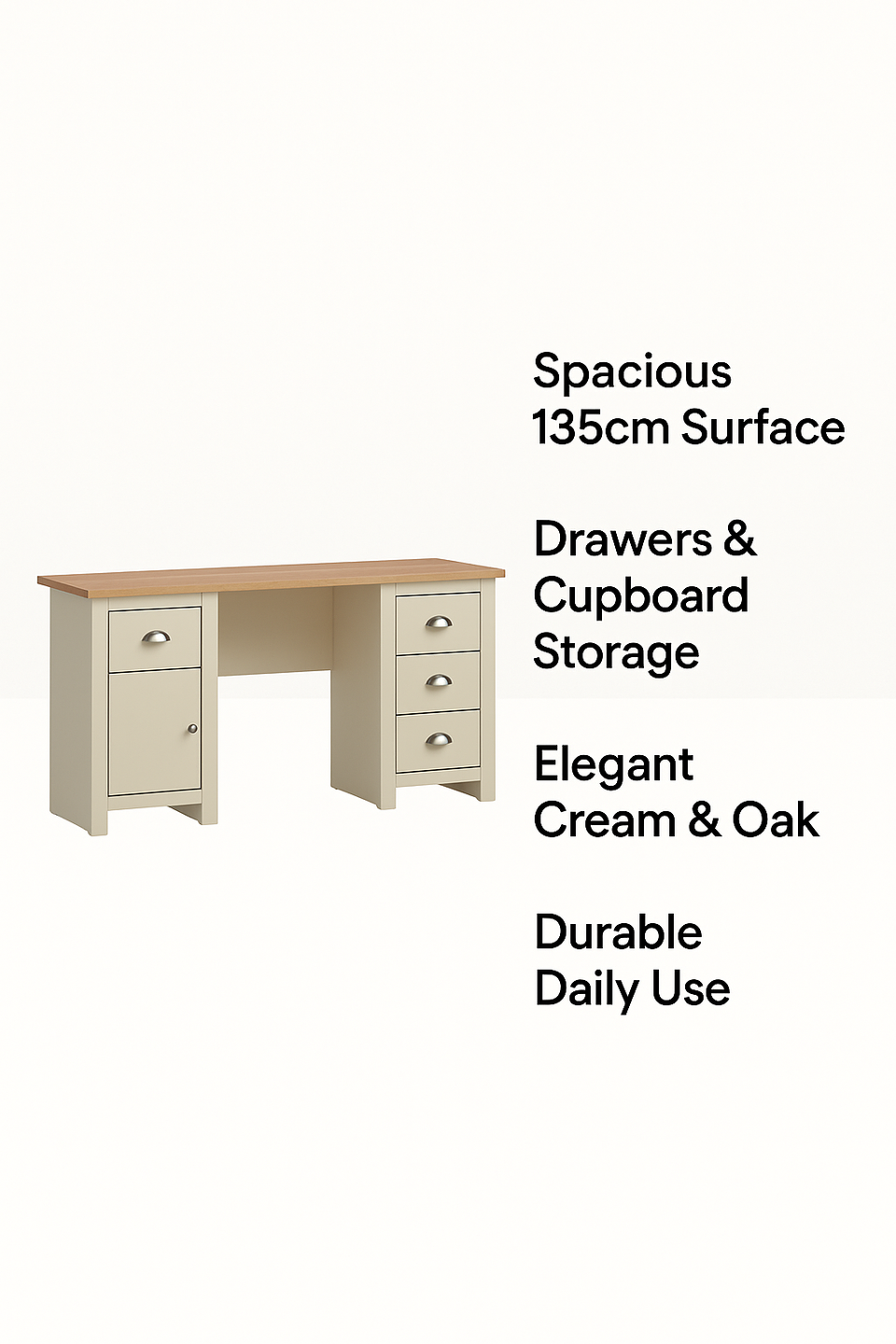 Ite Cream and Oak Effect Desk with 4 Drawers and Cupboard Home Office Computer Study Desk Table