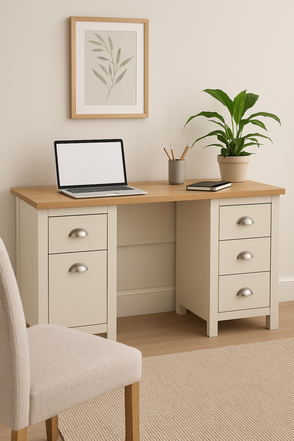 Ite Cream and Oak Effect Desk with 4 Drawers and Cupboard Home Office Computer Study Desk Table