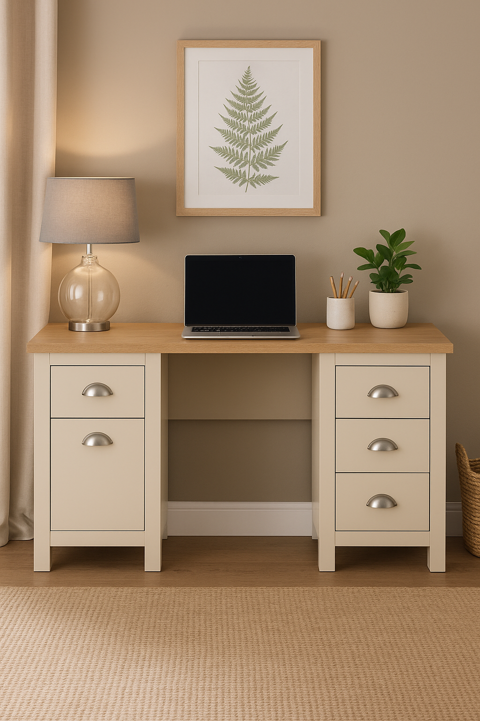 Ite Cream and Oak Effect Desk with 4 Drawers and Cupboard Home Office Computer Study Desk Table