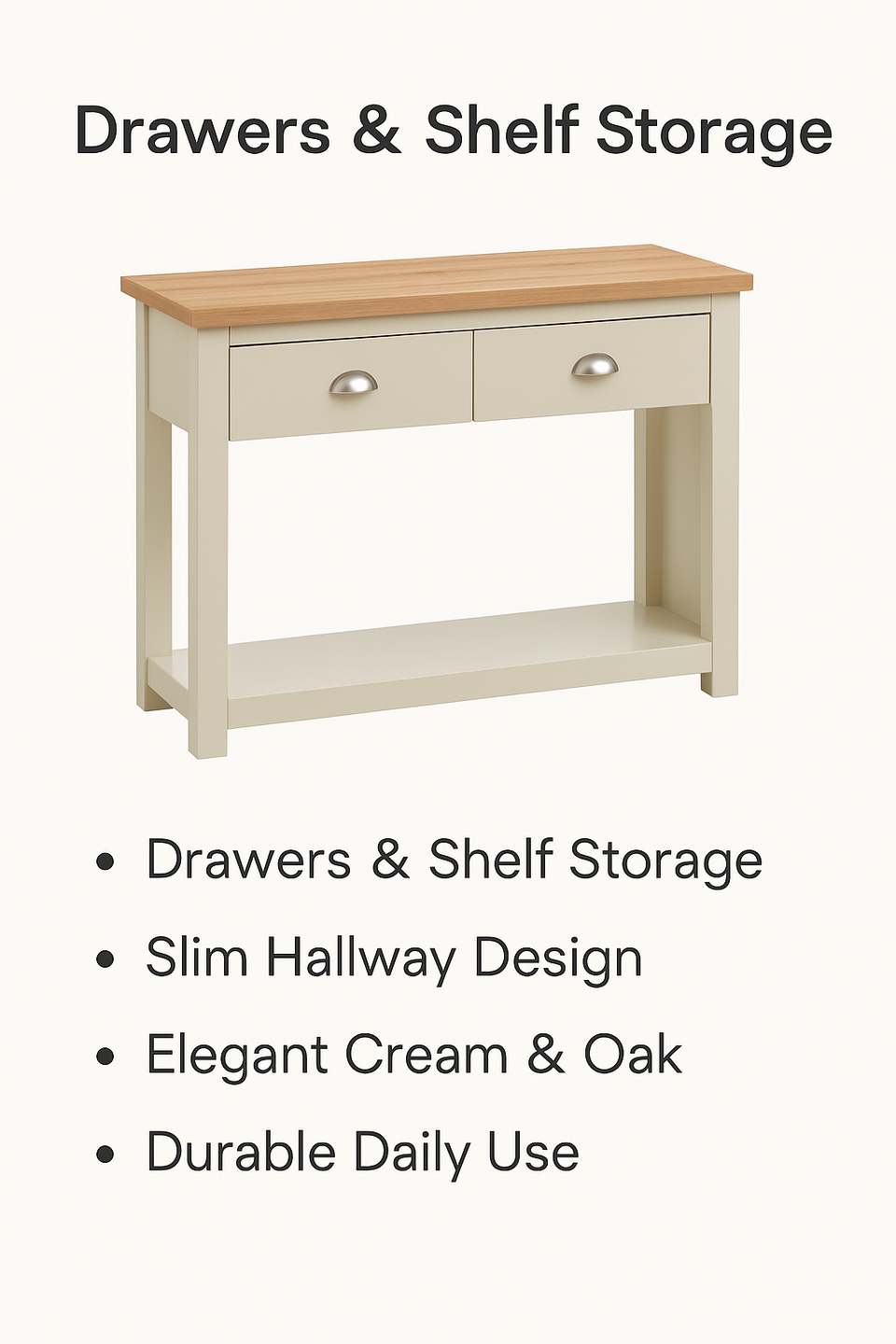 Ite Cream and Oak Effect Console Table 2 Drawer Sideboard Cabinet Storage for Living and Dining Room Furniture