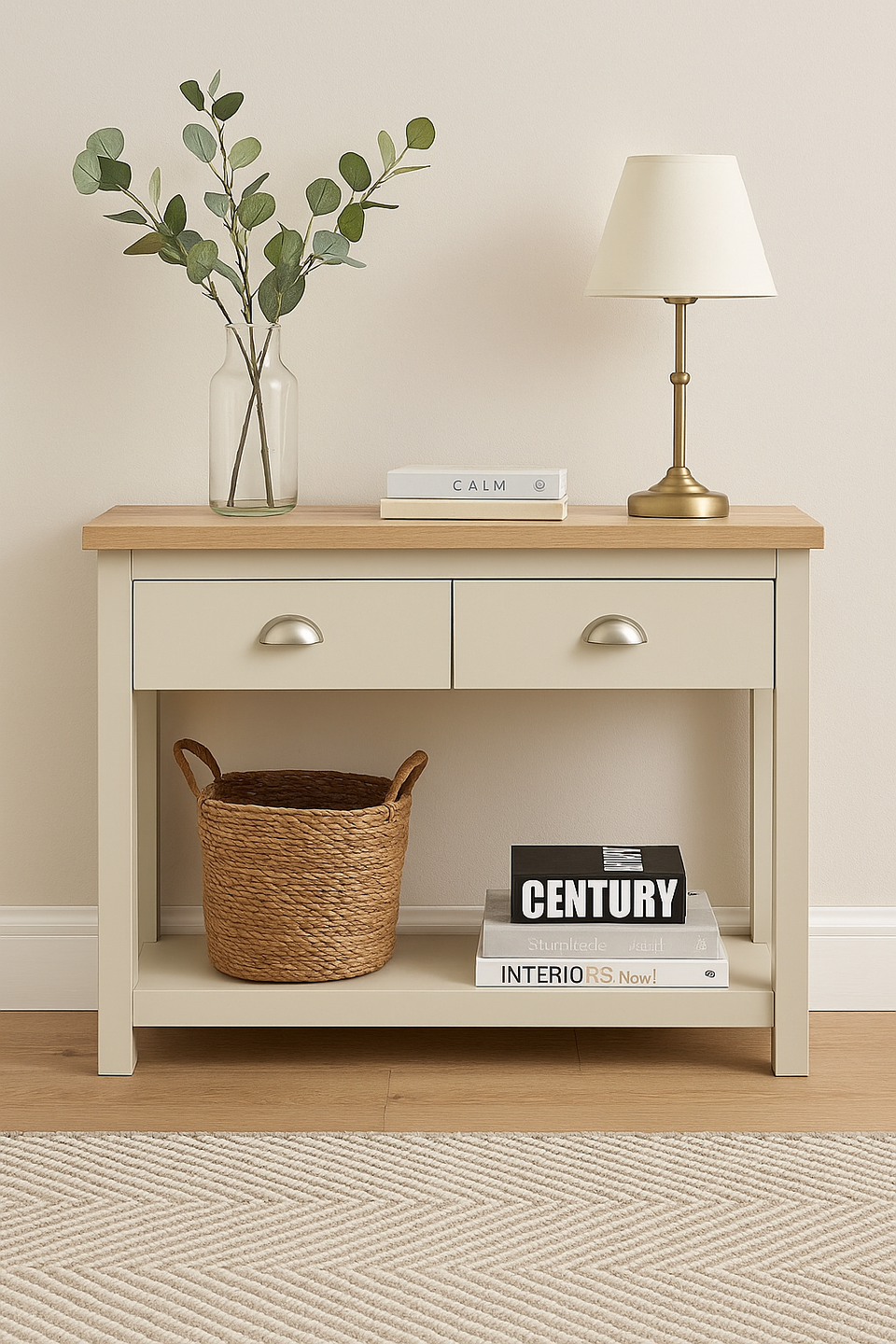 Ite Cream and Oak Effect Console Table 2 Drawer Sideboard Cabinet Storage for Living and Dining Room Furniture