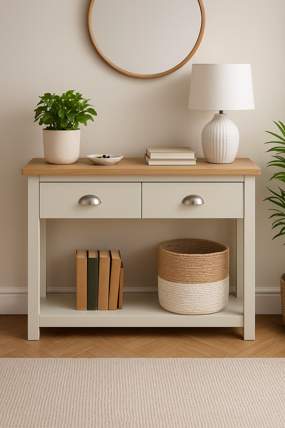 Ite Cream and Oak Effect Console Table 2 Drawer Sideboard Cabinet Storage for Living and Dining Room Furniture