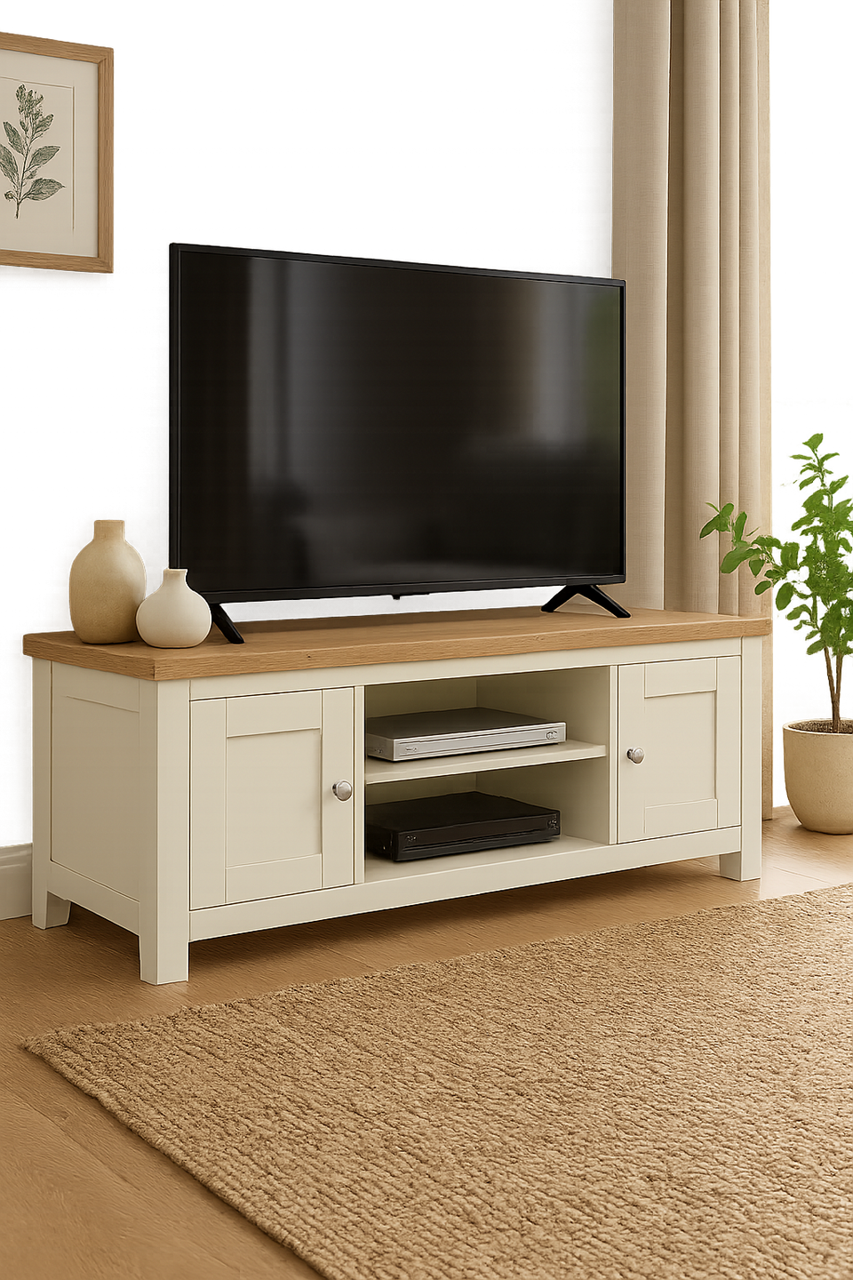 Ite Cream and Oak Effect TV Stand Cabinet Unit Modern Media Storage for Living Room