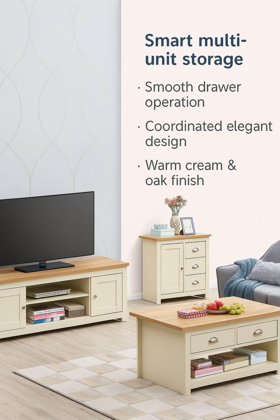 Ite 3 Piece Living Room Set 2 Door TV Unit, 1 Door Sideboard, 2 Drawer Coffee Table - Cream & Oak Effect