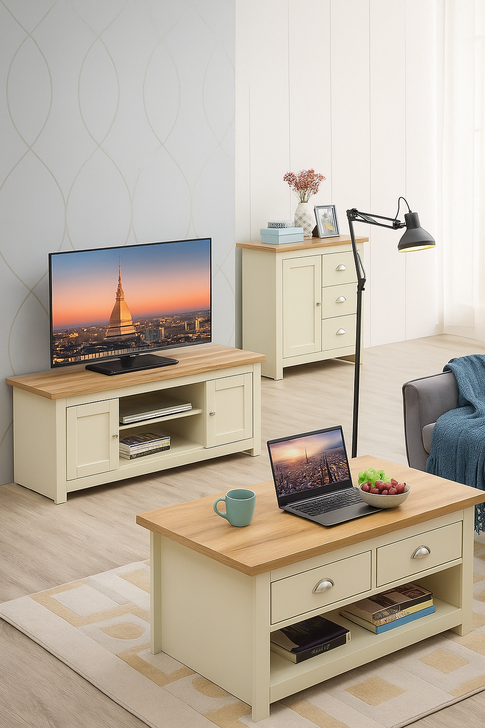 Ite 3 Piece Living Room Set 2 Door TV Unit, 1 Door Sideboard, 2 Drawer Coffee Table - Cream & Oak Effect