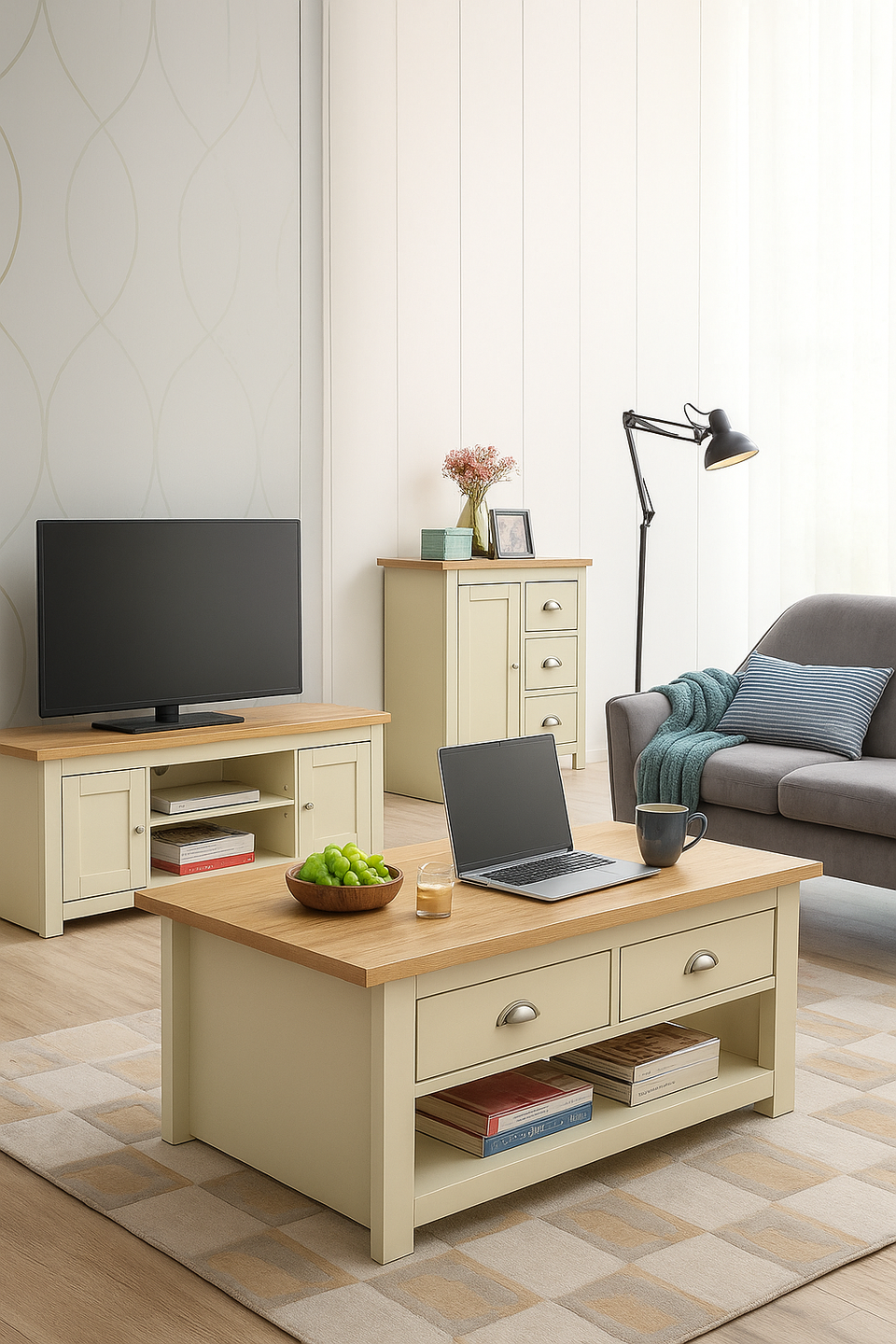 Ite 3 Piece Living Room Set 2 Door TV Unit, 1 Door Sideboard, 2 Drawer Coffee Table - Cream & Oak Effect