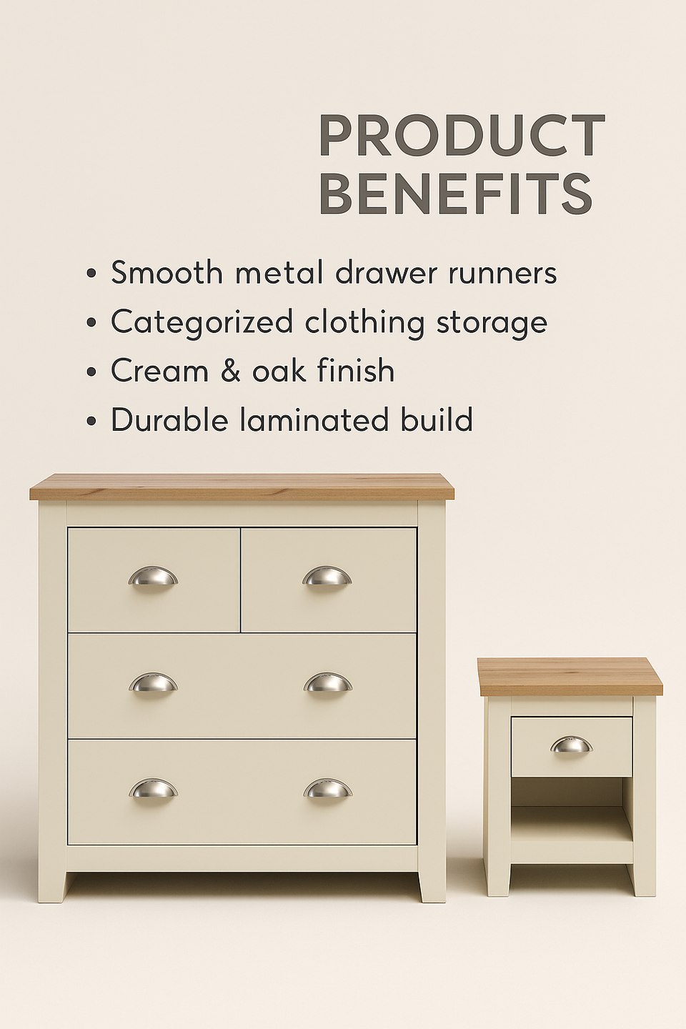 Ite 2 Piece Bedroom Set - 2+2 Drawer Chest & 1 Drawer Bedside Table - Cream & Oak Effect