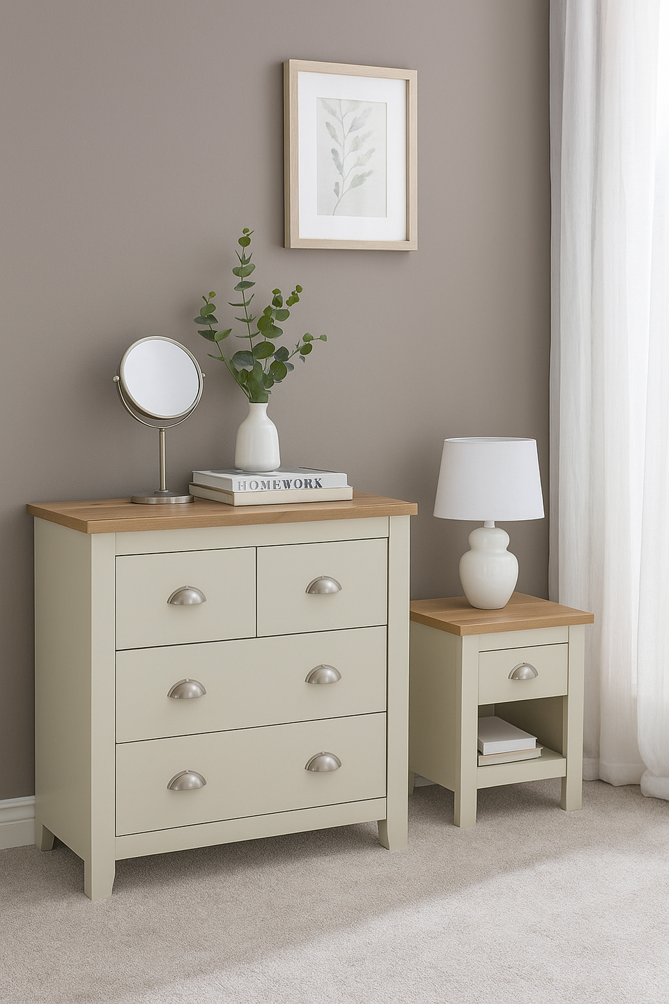 Ite 2 Piece Bedroom Set - 2+2 Drawer Chest & 1 Drawer Bedside Table - Cream & Oak Effect