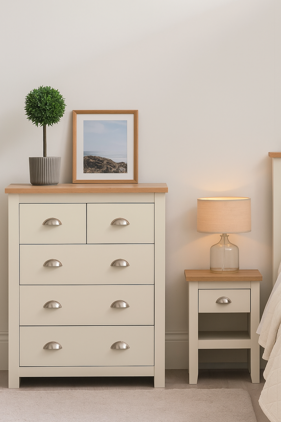 Ite 2 Piece Bedroom Set - 2+2 Drawer Chest & 1 Drawer Bedside Table - Cream & Oak Effect