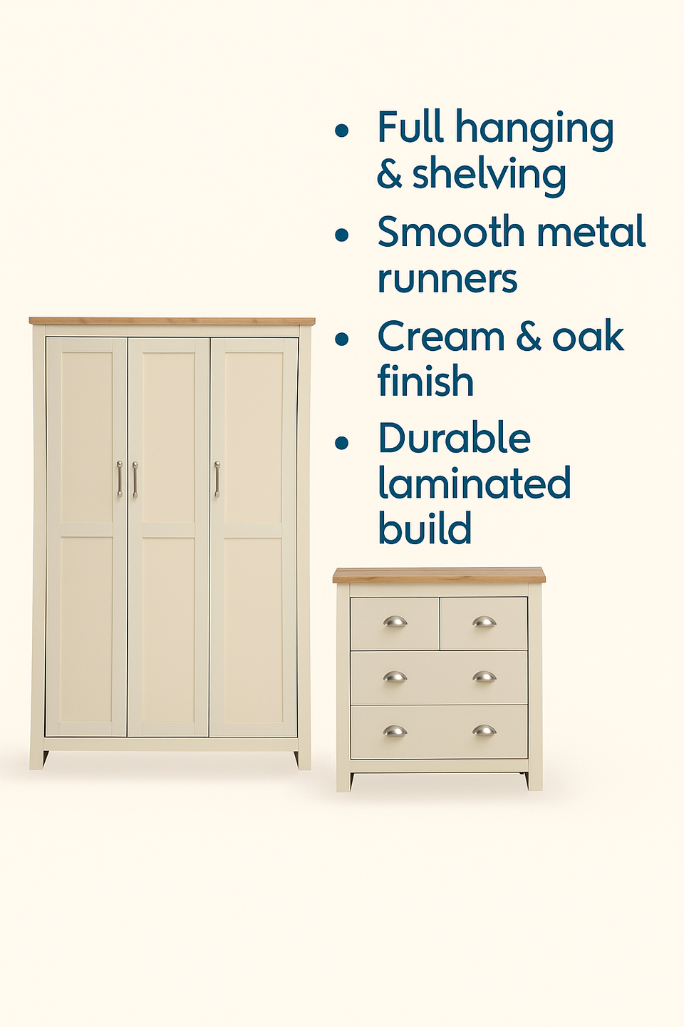 Ite 2 Piece Bedroom Set (3 Door Wardrobe, 2+2 Chest of Drawers) – Cream & Oak Effect