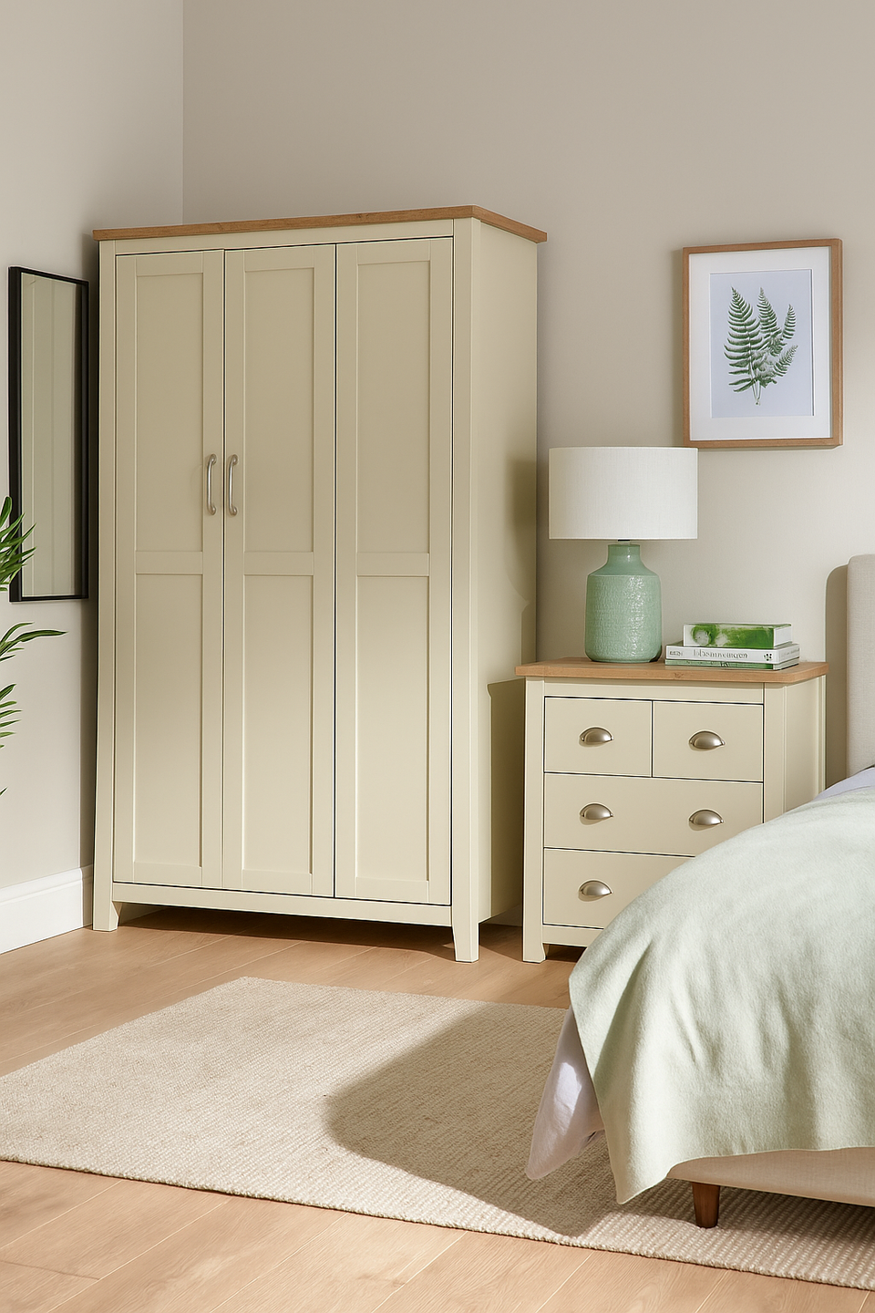 Ite 2 Piece Bedroom Set (3 Door Wardrobe, 2+2 Chest of Drawers) – Cream & Oak Effect