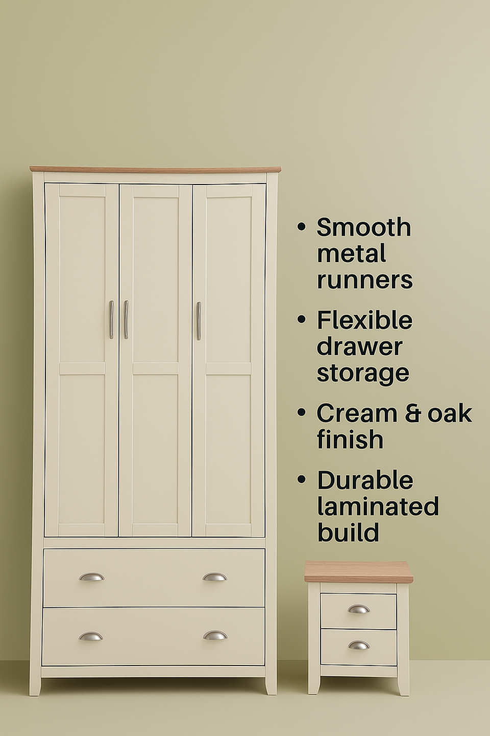 Ite 2 Piece Bedroom Set 2+2 Drawer Chest & 1 Drawer Bedside Table - Cream & Oak Effect