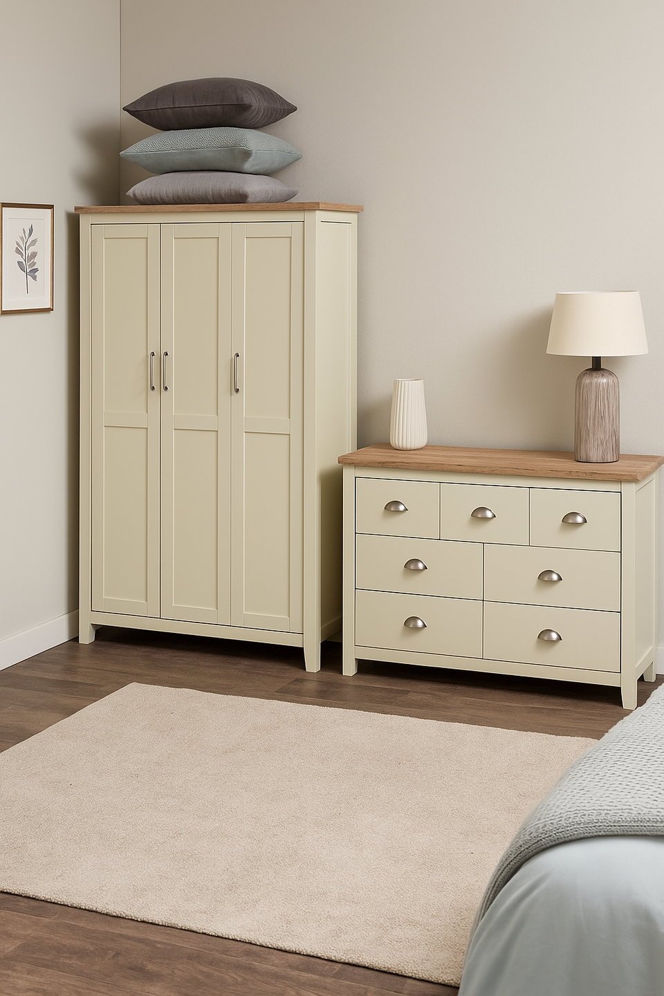 Ite 2 Piece Bedroom Set (3 Door Wardrobe, 3+4 Chest of Drawers) – Cream & Oak Effect