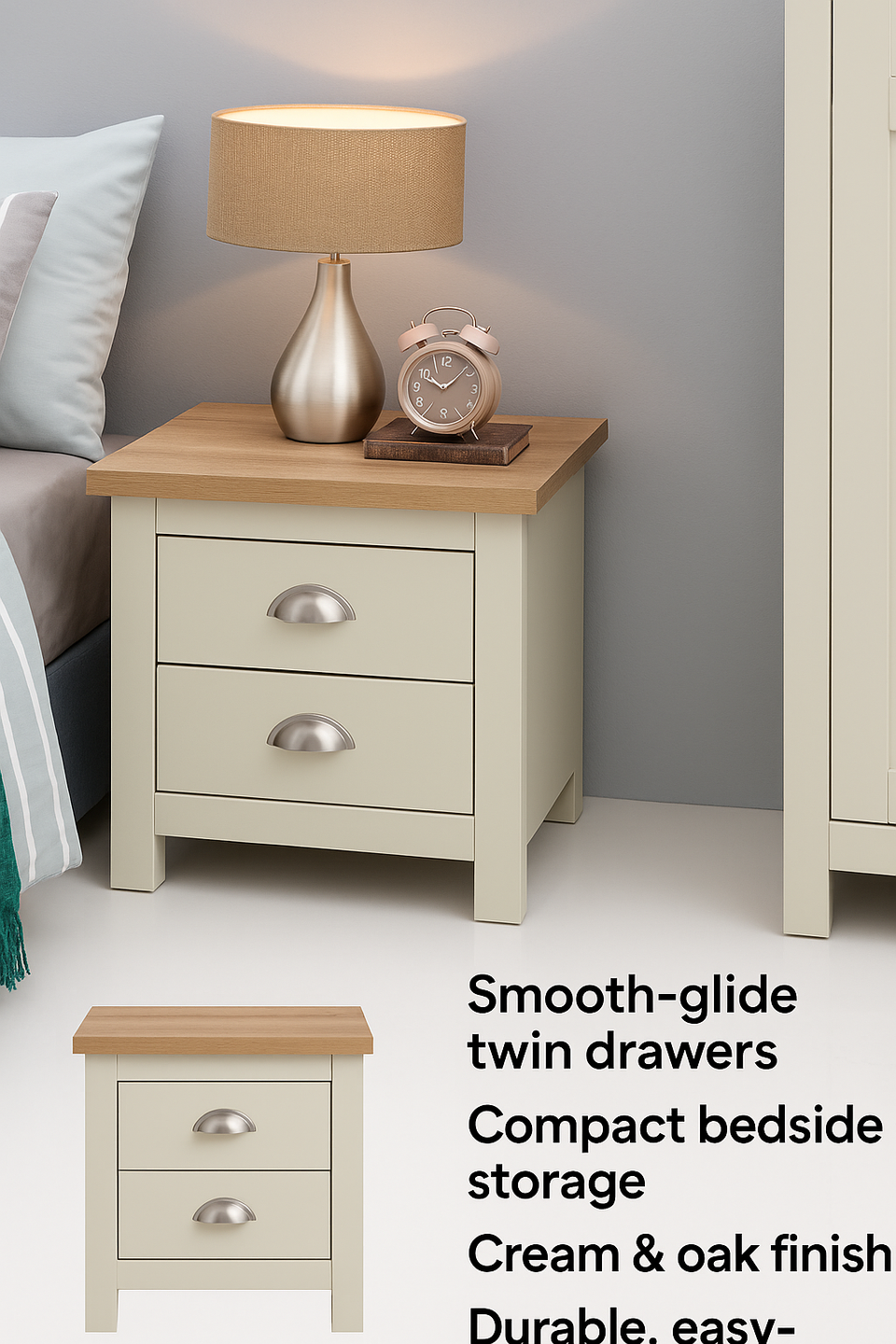 Ite Cream Nightstand with 2 Drawers Stylish Bedroom Bedside Table with Oak Effect Top