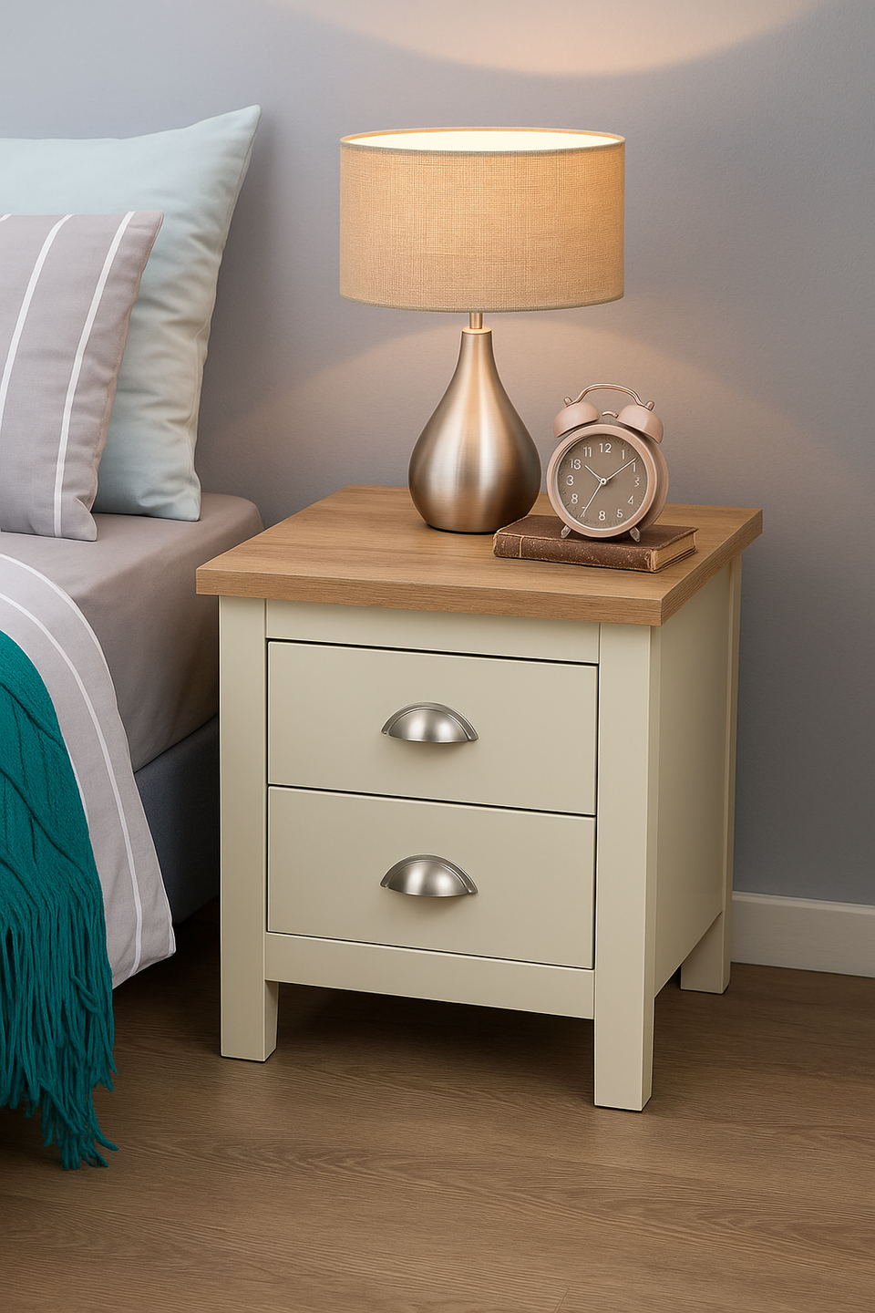 Ite Cream Nightstand with 2 Drawers Stylish Bedroom Bedside Table with Oak Effect Top