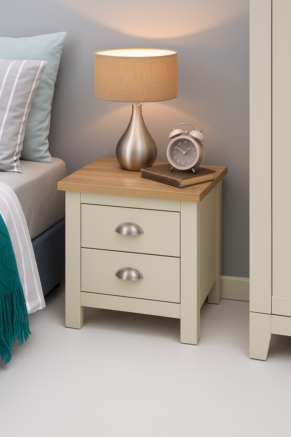 Ite Cream Nightstand with 2 Drawers Stylish Bedroom Bedside Table with Oak Effect Top