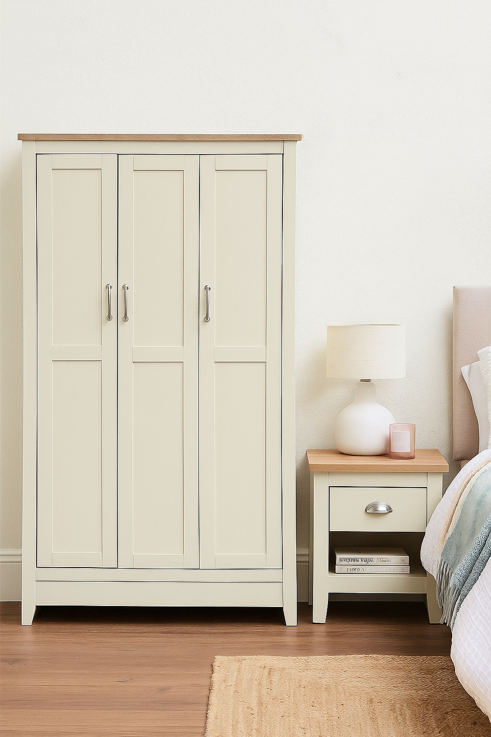 2 Piece Bedroom Set – 3 Door Wardrobe with Shelving and 1 Drawer Bedside Table Bedroom Storage Furniture