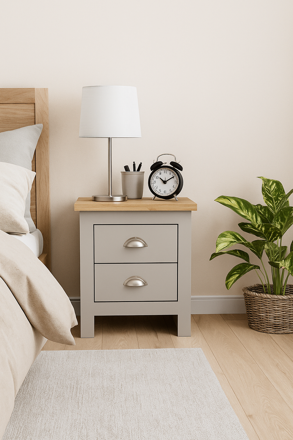 Nightstand with 2 Drawers Ite Range Light Grey & Oak Effect Bedroom Bedside Cabinet