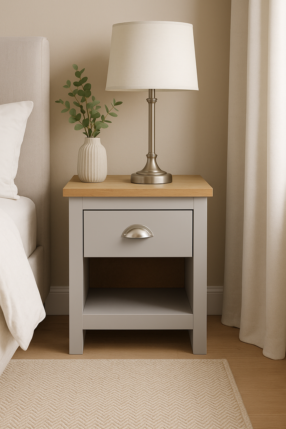 Modern Light Grey Nightstand with 1 Drawer Versatile Bedside Table for Bedroom & Living Room