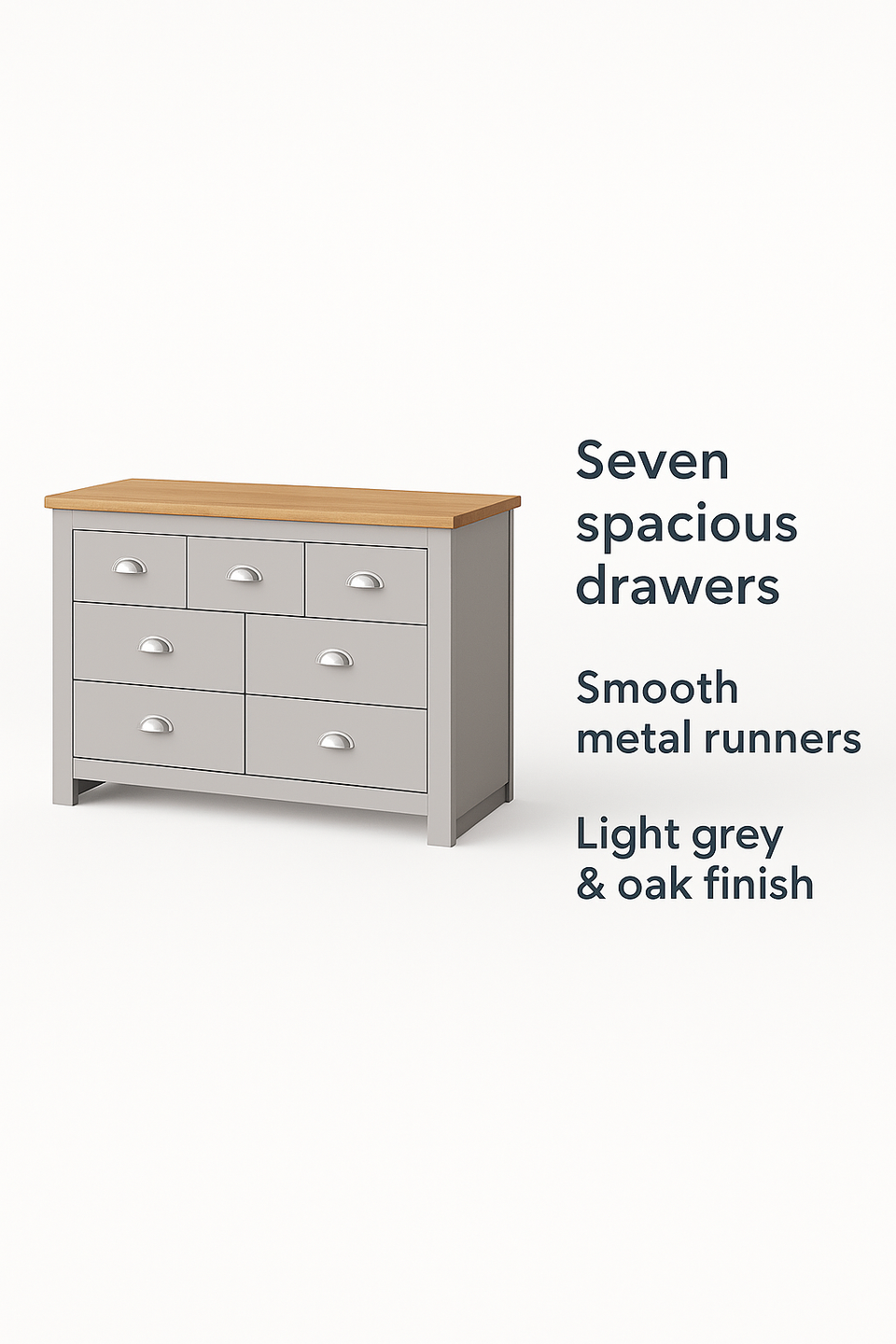 7 Drawer Chest of Drawers Stylish Bedroom Furniture Cabinet in Light Grey with Oak Top Storage Solution for Bedroom and Living Spaces
