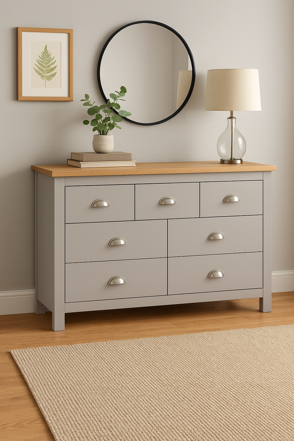 7 Drawer Chest of Drawers Stylish Bedroom Furniture Cabinet in Light Grey with Oak Top Storage Solution for Bedroom and Living Spaces