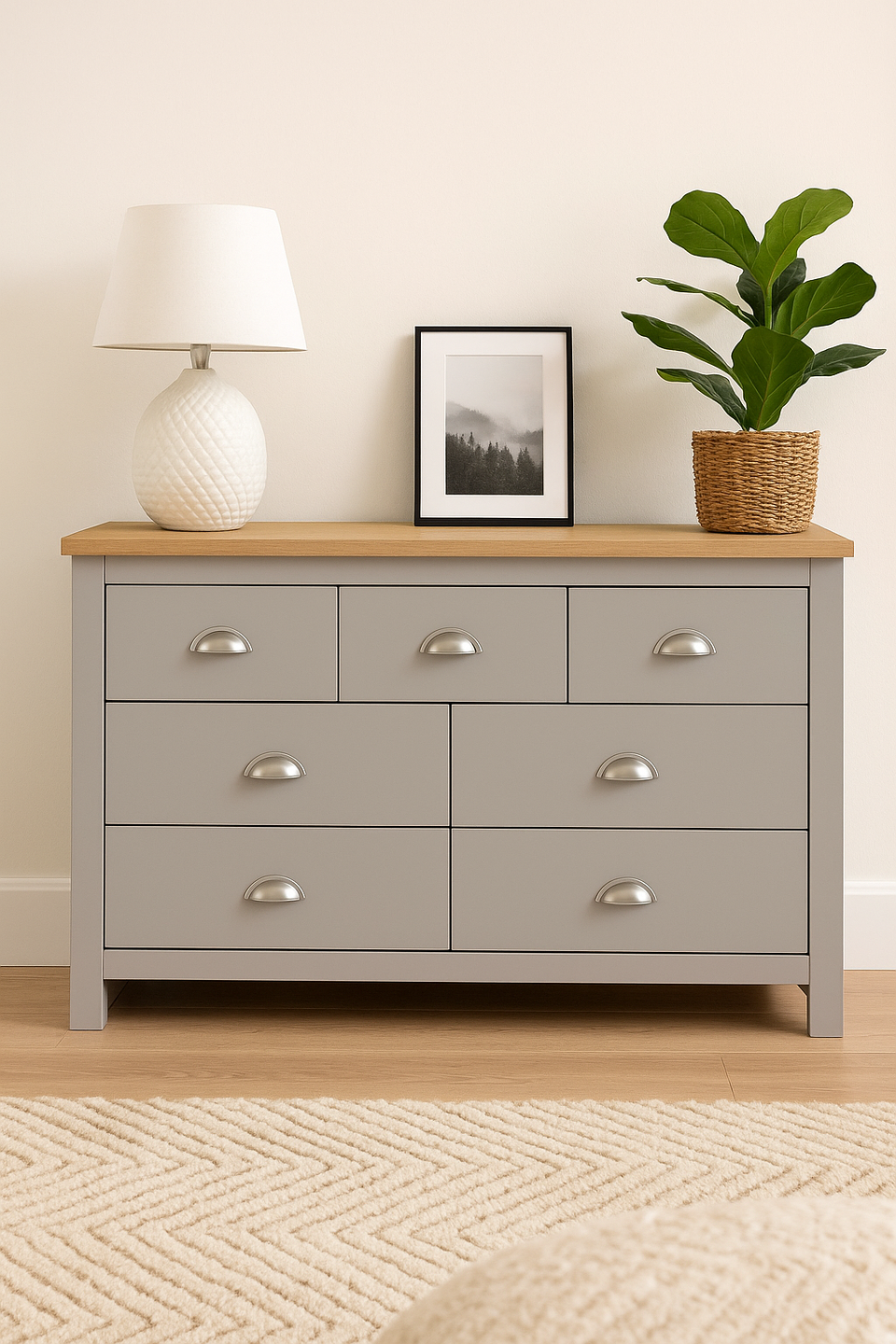 7 Drawer Chest of Drawers Stylish Bedroom Furniture Cabinet in Light Grey with Oak Top Storage Solution for Bedroom and Living Spaces