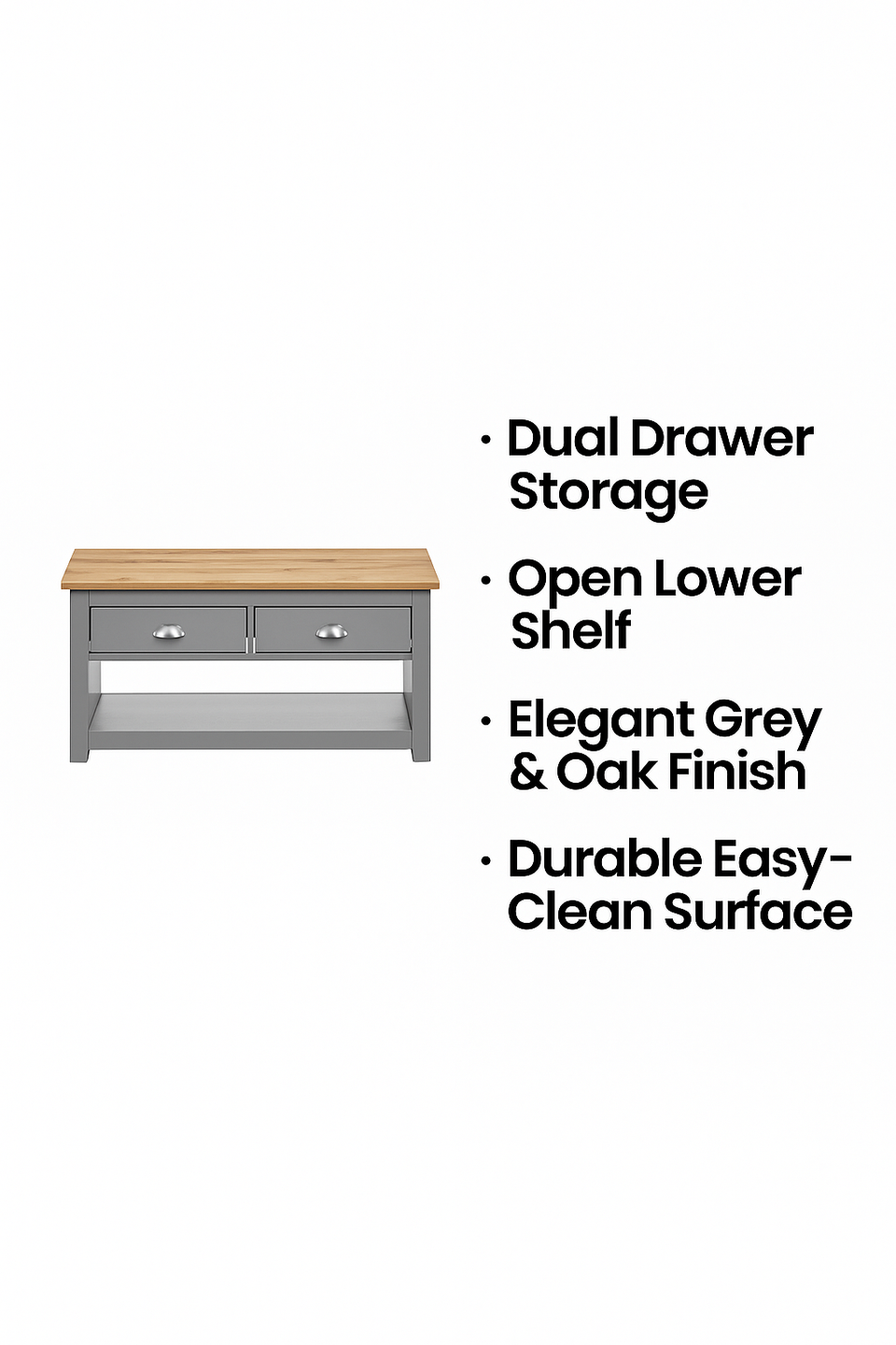 Modern Coffee Table with 2 Drawers and Storage Shelf Rectangular Living Room Furniture in Light Grey with Oak Top